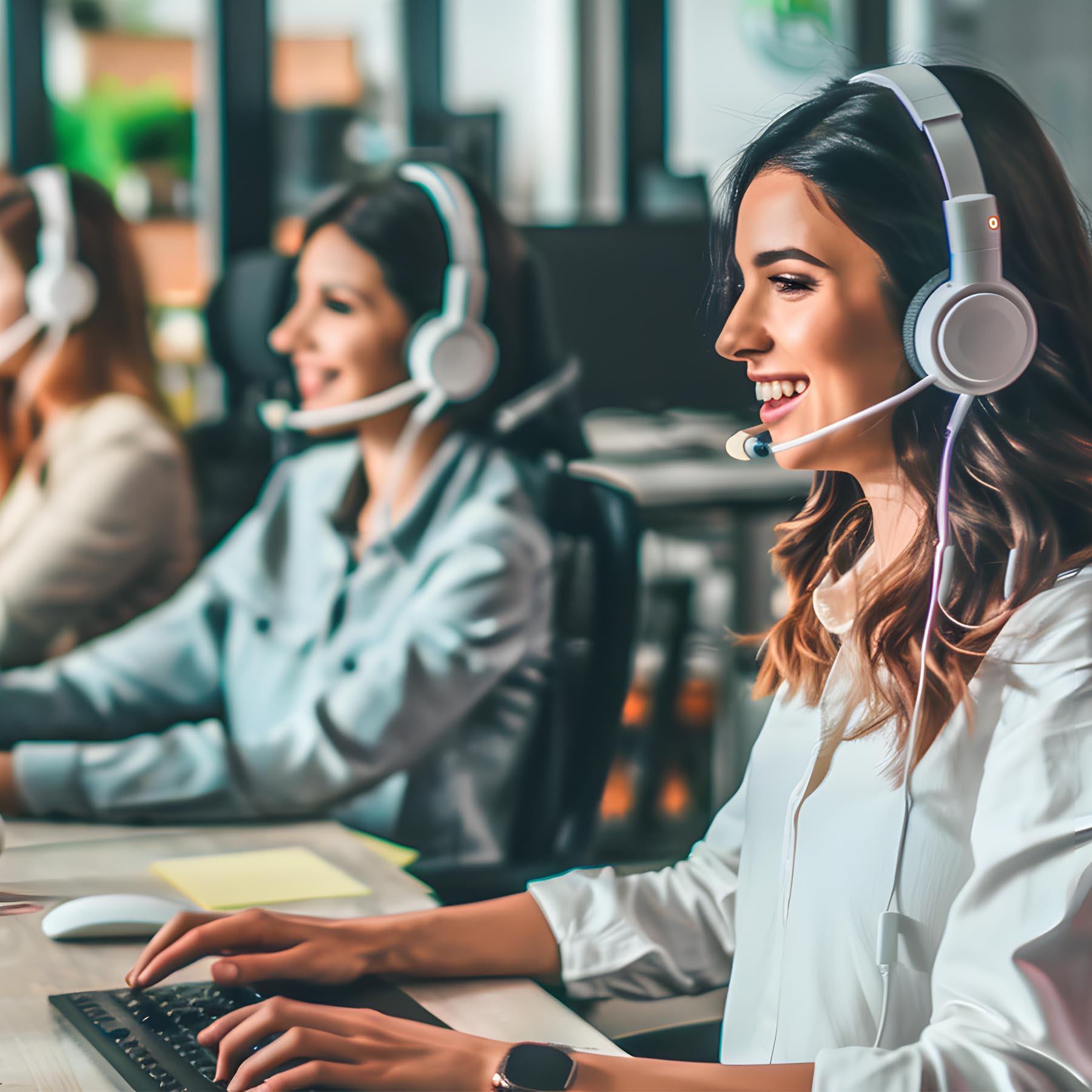 Women customer service talking to customers on headset