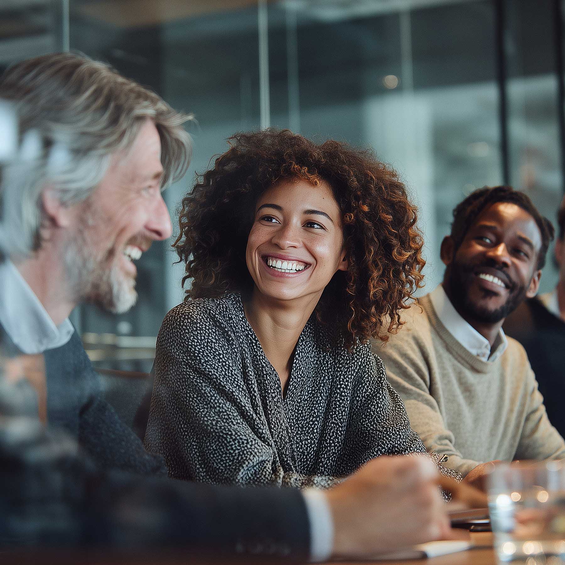 Team meeting colleagues smiling at each other