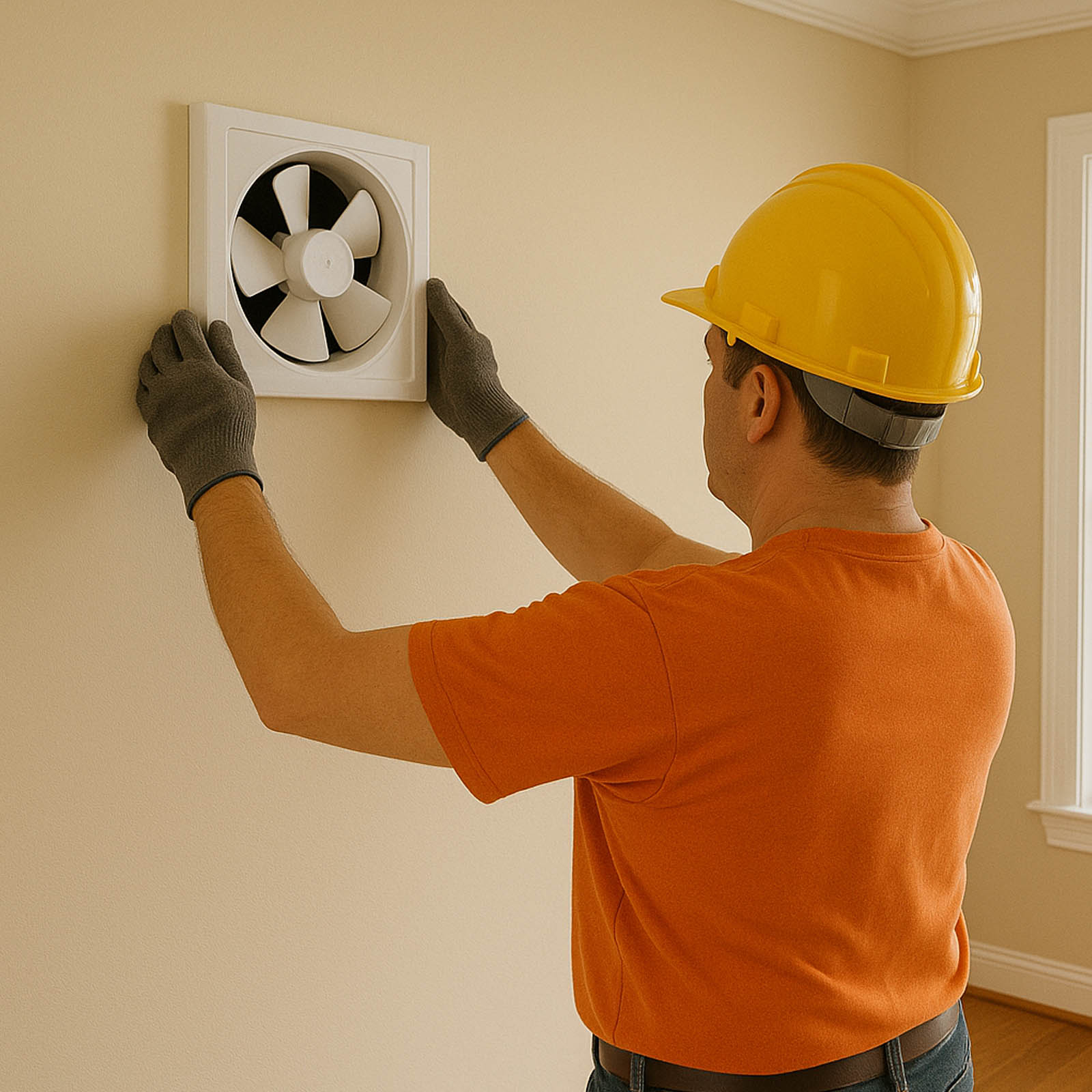 Male worker installing fan in customers home