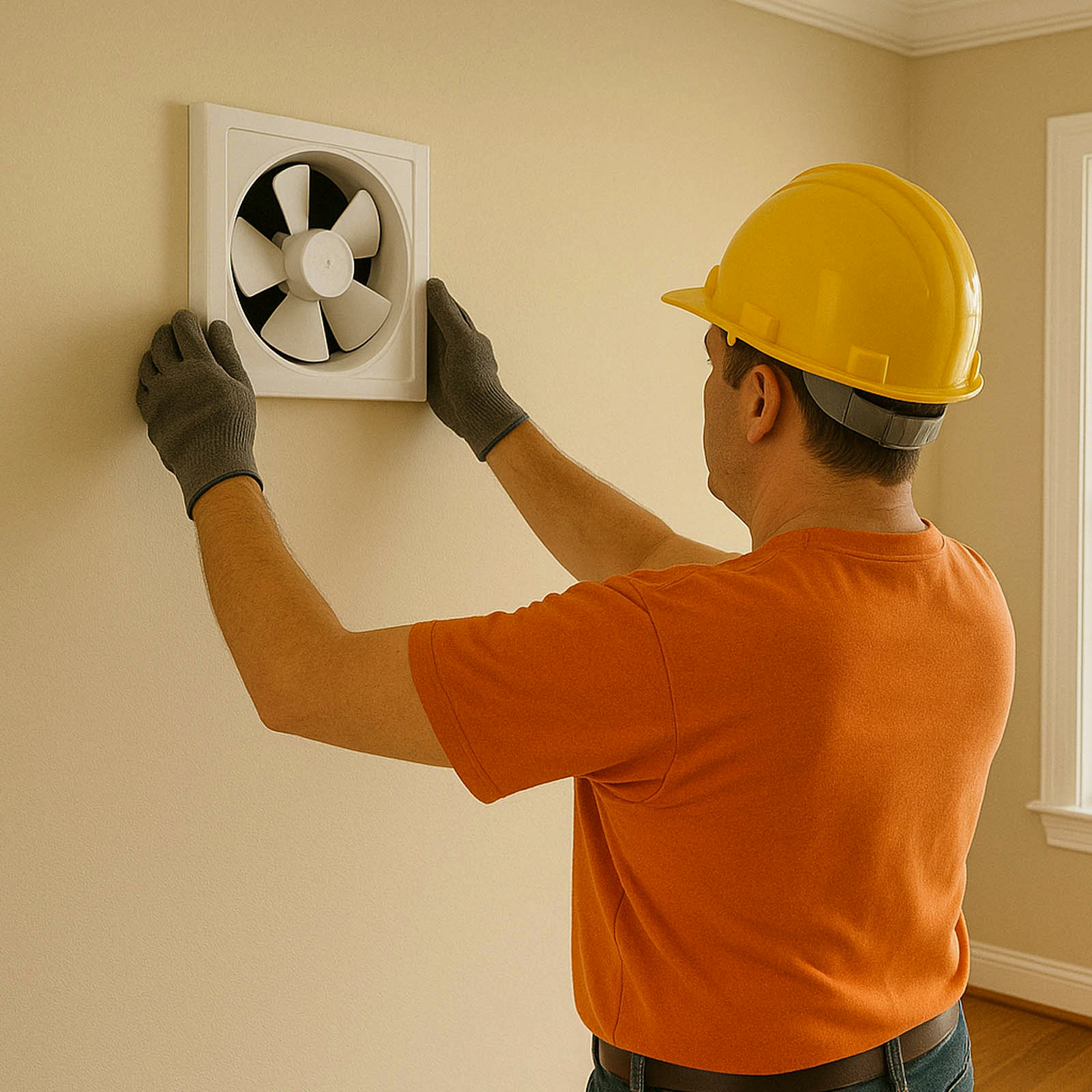 Male worker installing fan in customers home