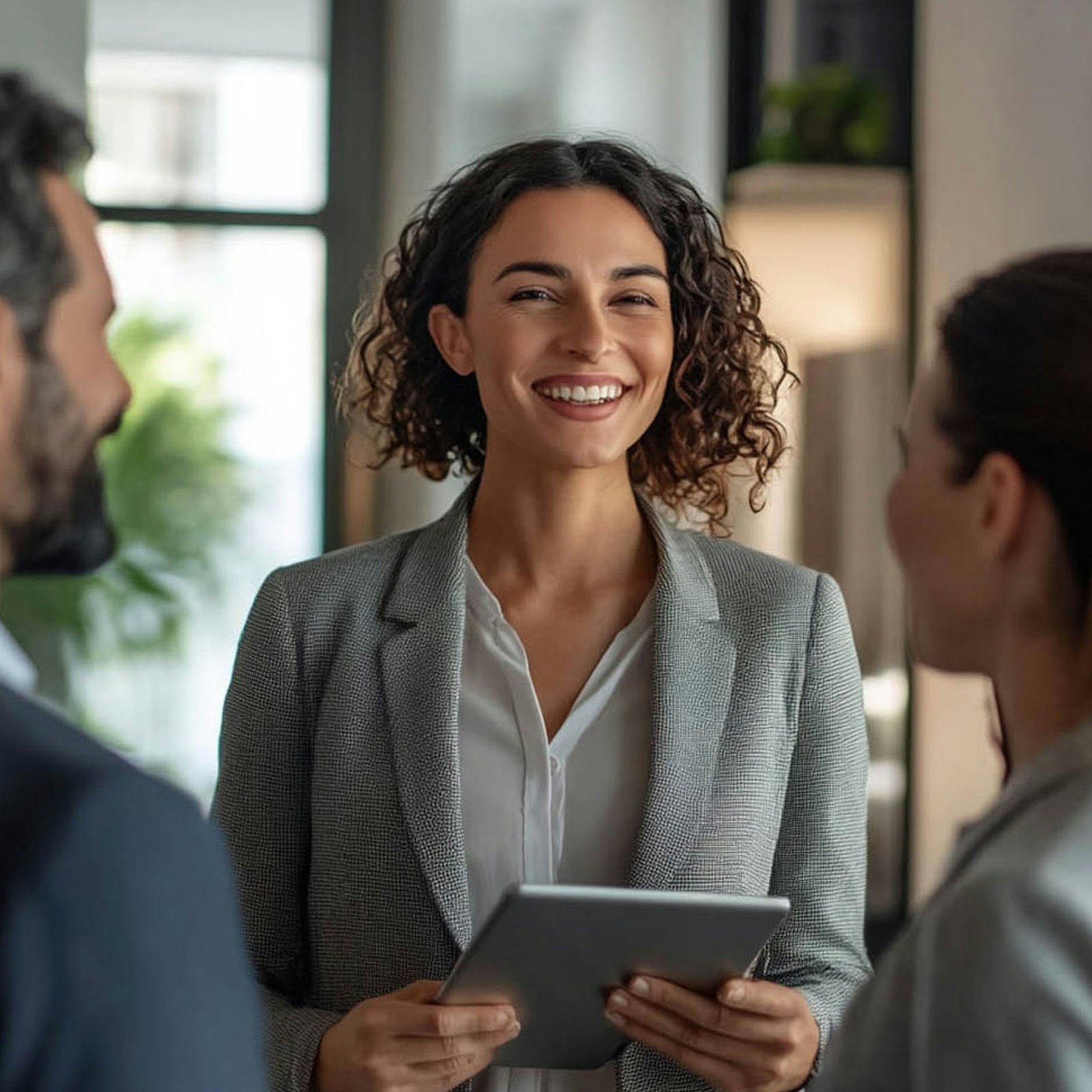 Female estate agent smiling with tenants