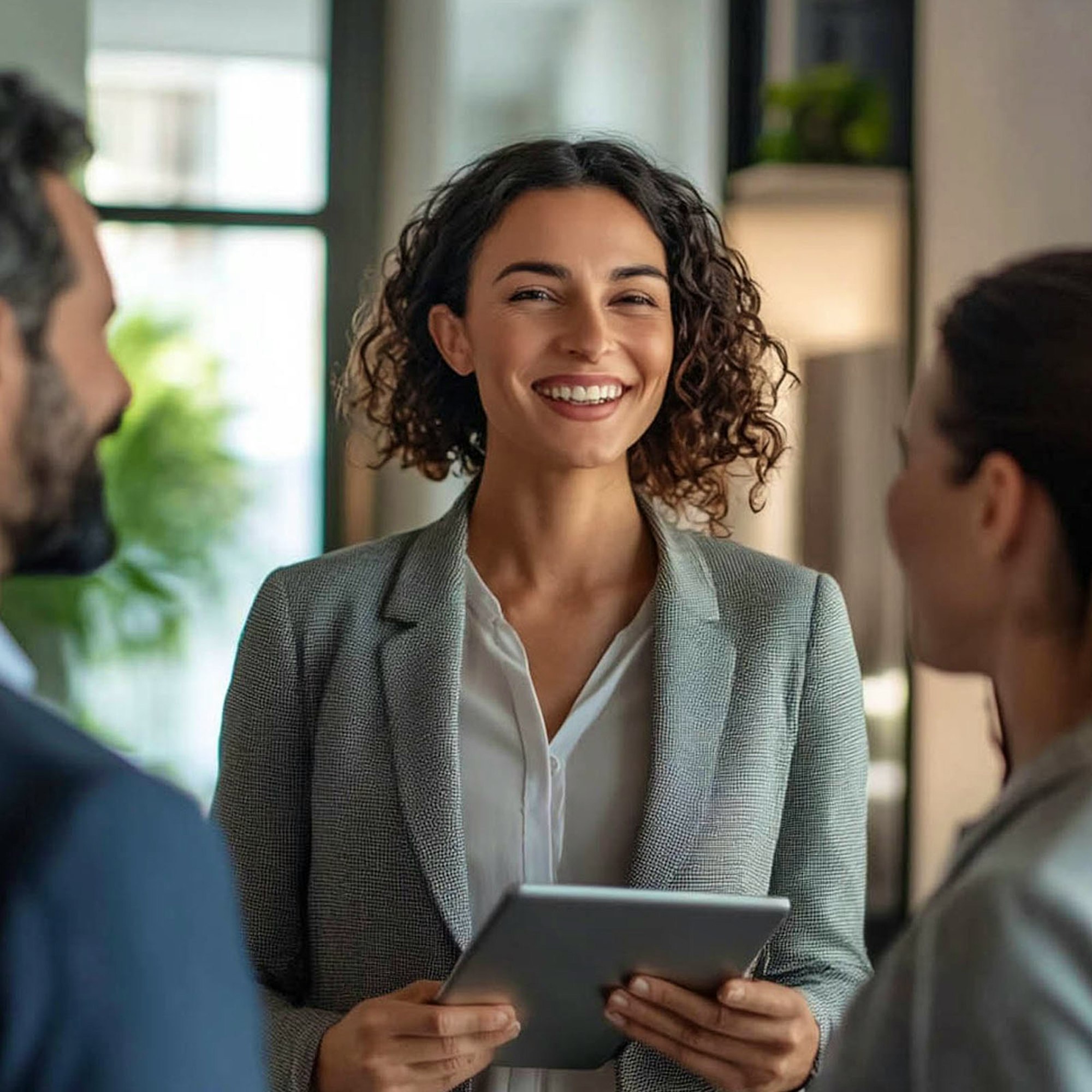 Female estate agent smiling with tenants