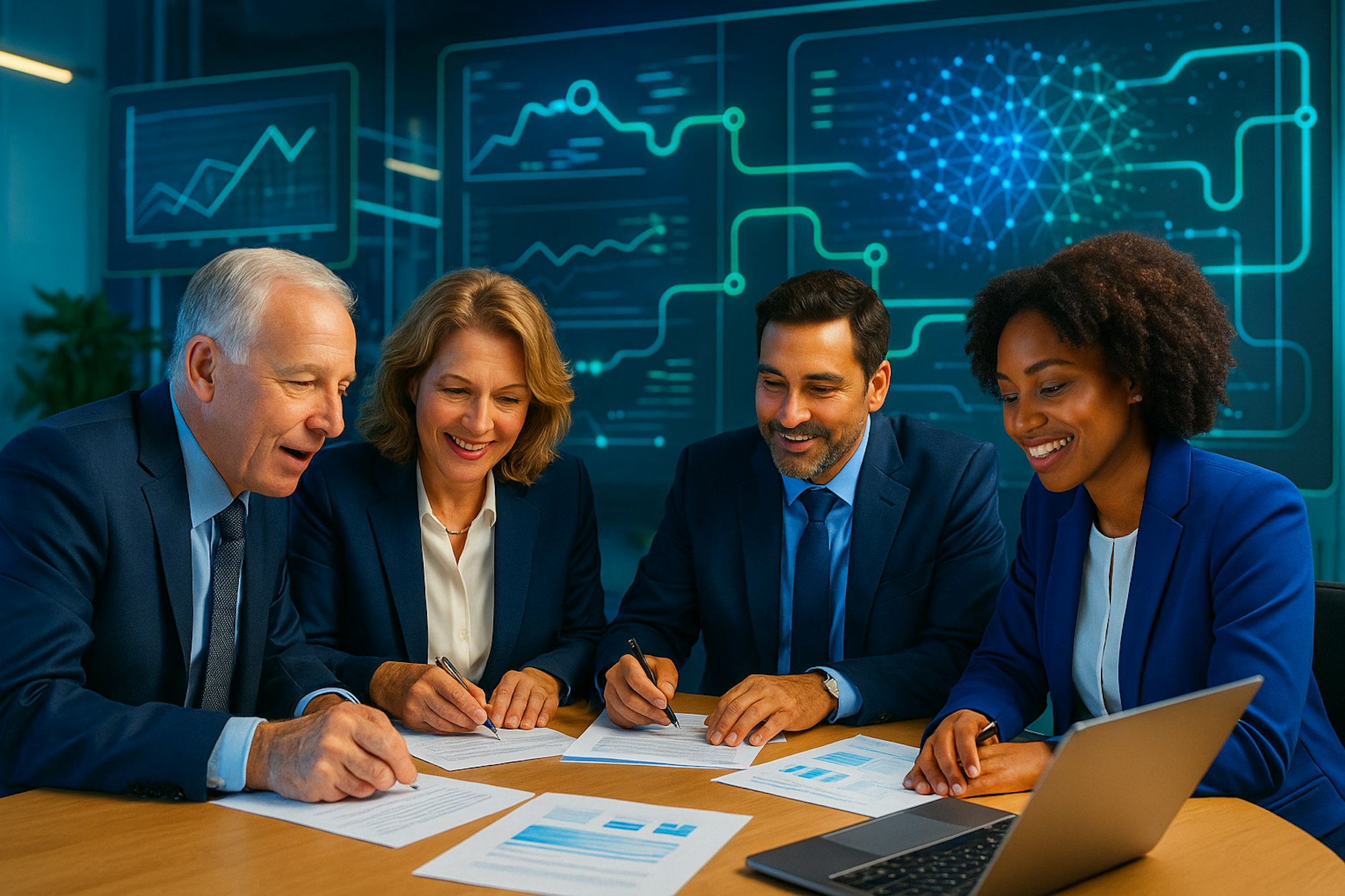 AI generated image of a team working together on a desk looking at papers