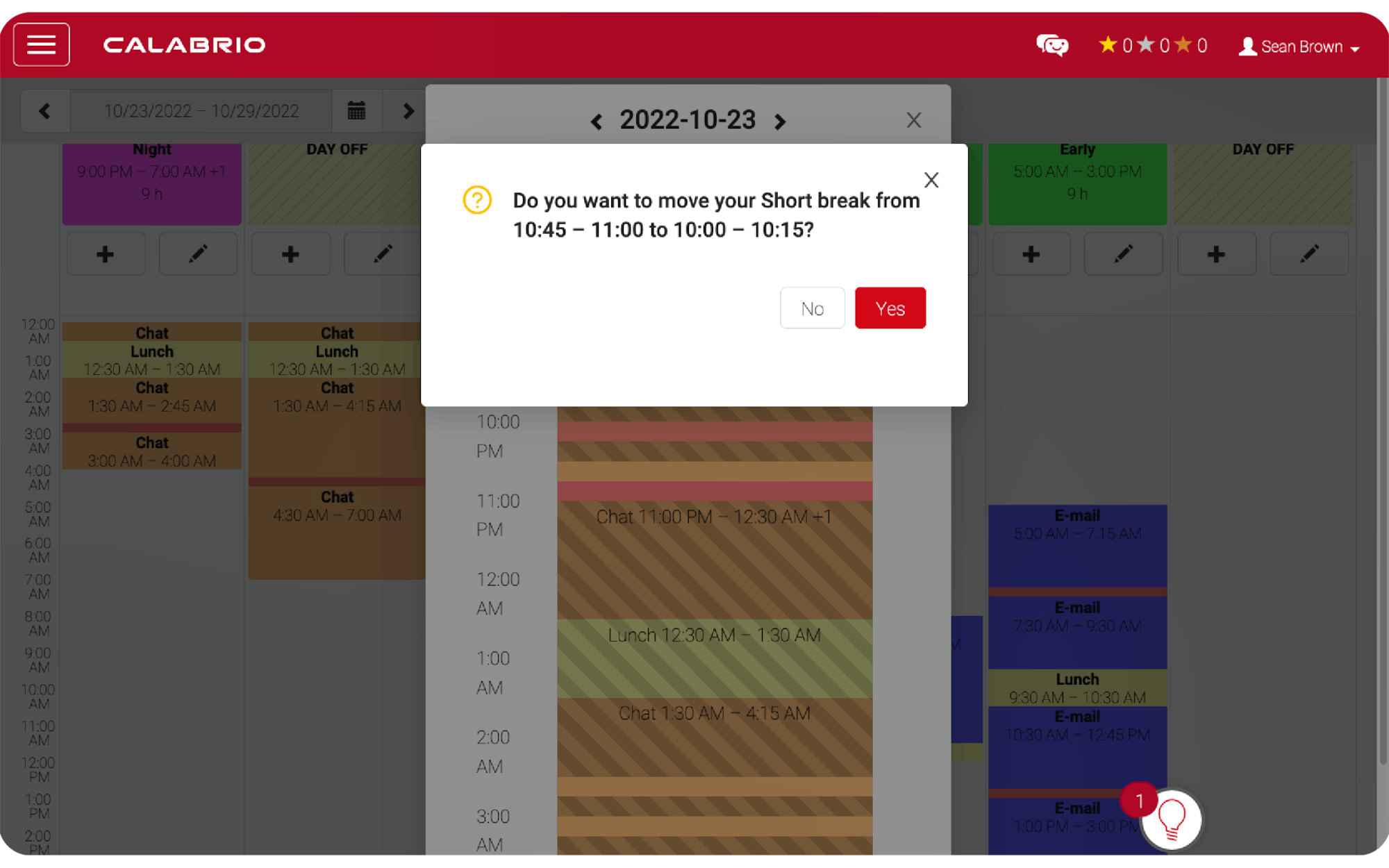 Calabrio digital contact centre software screenshot showing employee day timetable