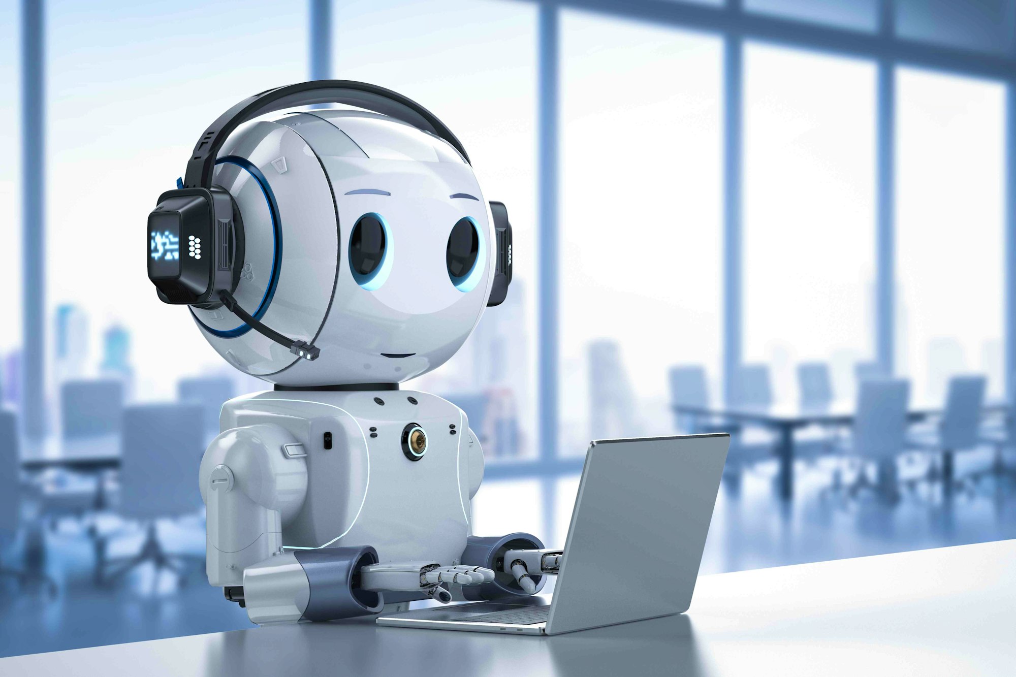 Bot against a city background on laptop typing with headset on